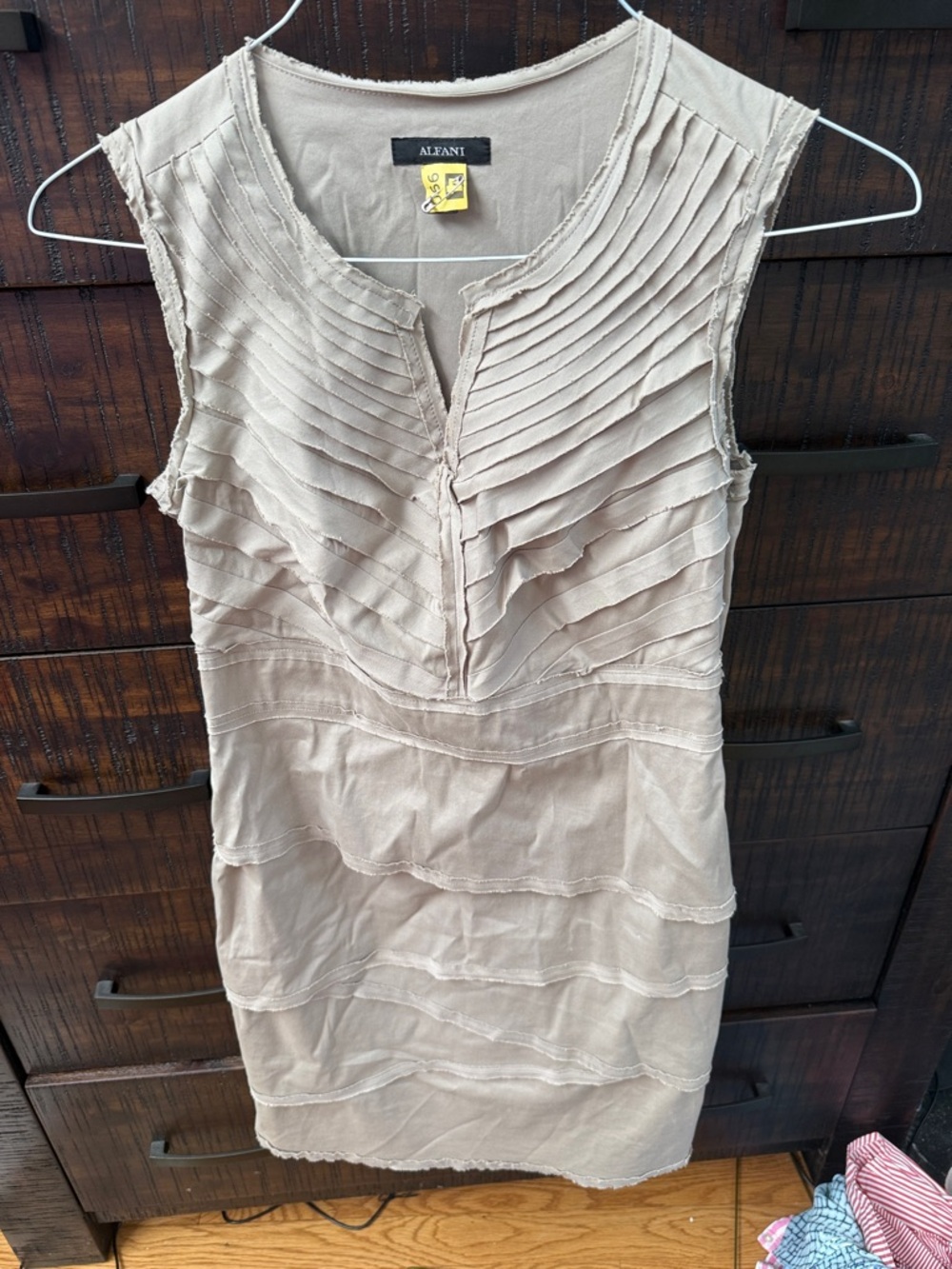 Alfani Neutral Taupe Sleeveless Pleated Tiered Dress